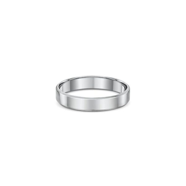 One plain band silver ring. The silver composition of the ring lends it a bright and reflective appearance, directly facing the camera .