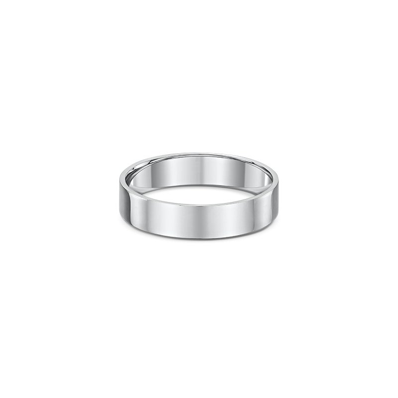 One plain band silver ring. The silver composition of the ring lends it a bright and reflective appearance, directly facing the camera.