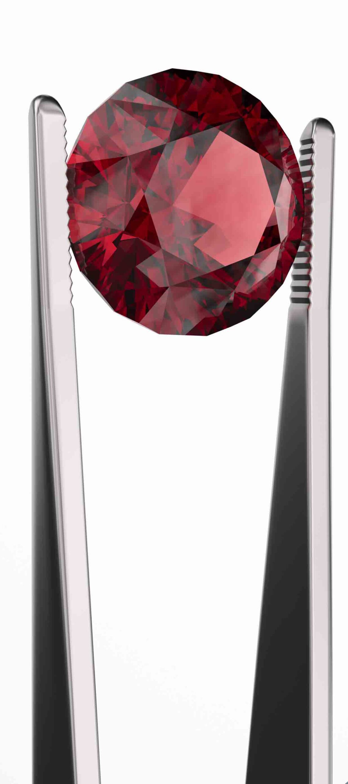 Round brilliant-cut ruby gemstone clamped with tweezer.