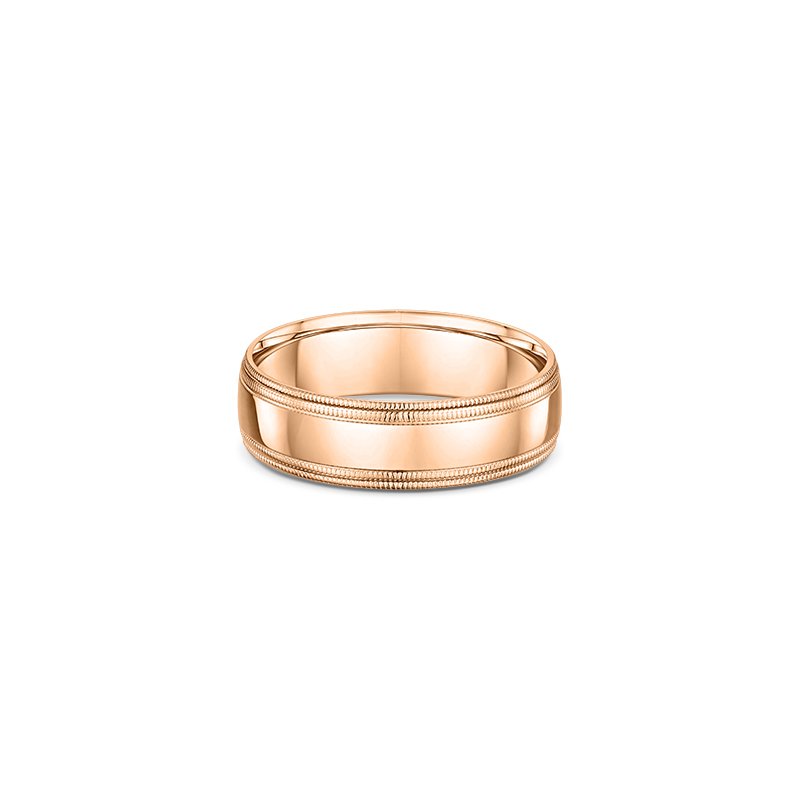 One rose gold ring. The ring is a plain band directly facing the camera.