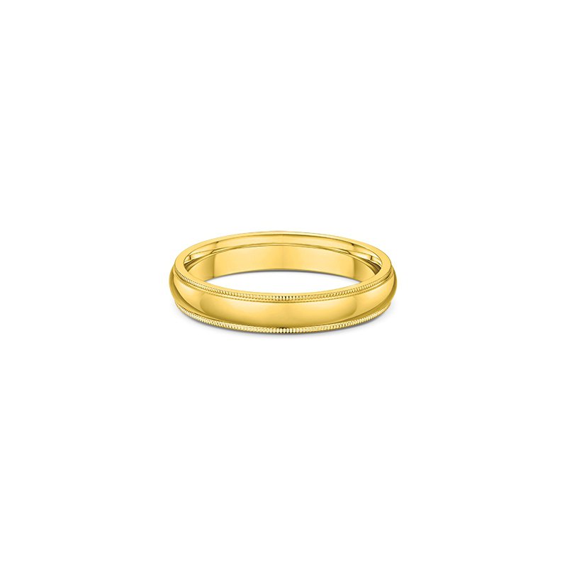 One plain gold band ring has a subtle yellow hue, directly facing the camera.