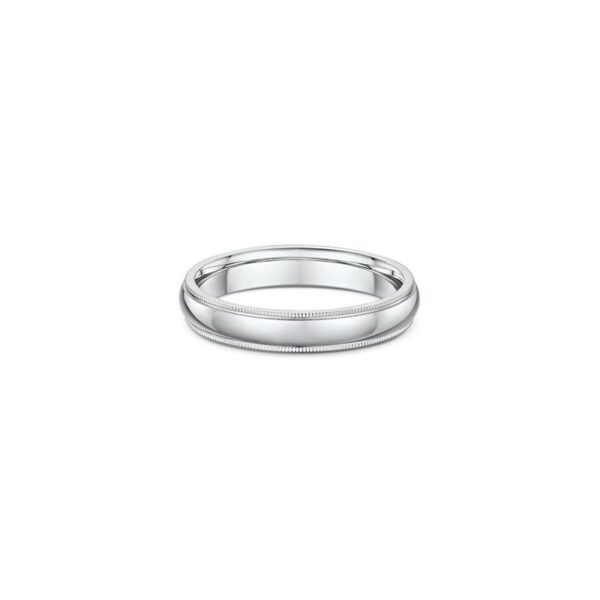 One plain silver band ring. The silver composition of the ring lends it a bright and reflective appearance, directly facing the camera.