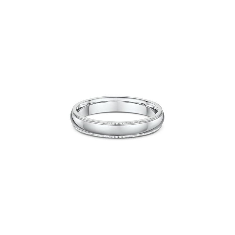 One plain silver band ring. The silver composition of the ring lends it a bright and reflective appearance, directly facing the camera.