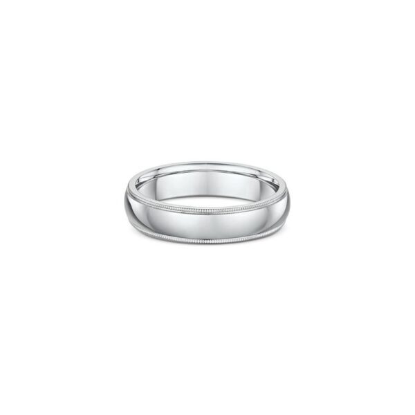 One plain silver band ring. The ring facing directly facing the camera.