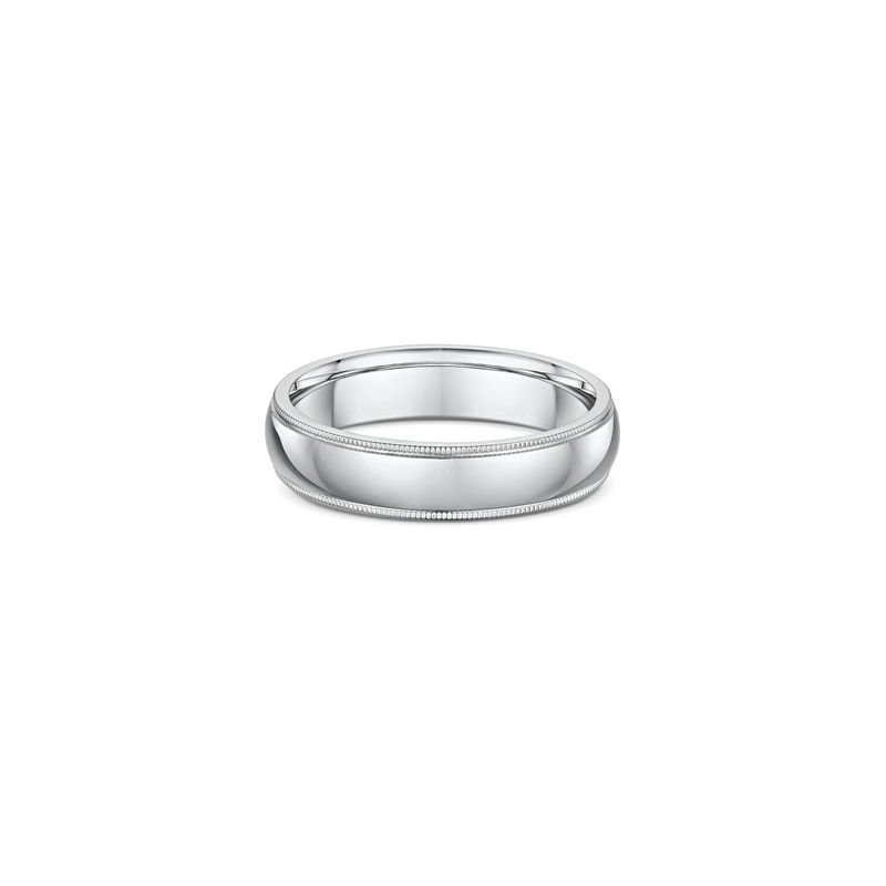 One plain silver band ring. The ring facing directly facing the camera.