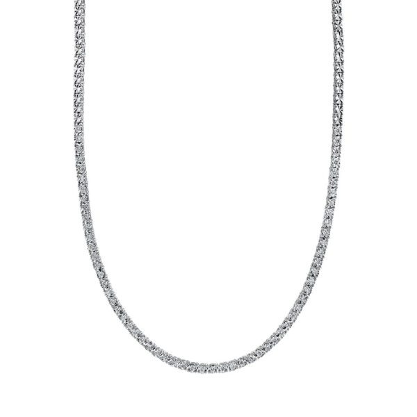 One white gold tennis necklace. The necklace adorned with diamonds are set in a continuous line.