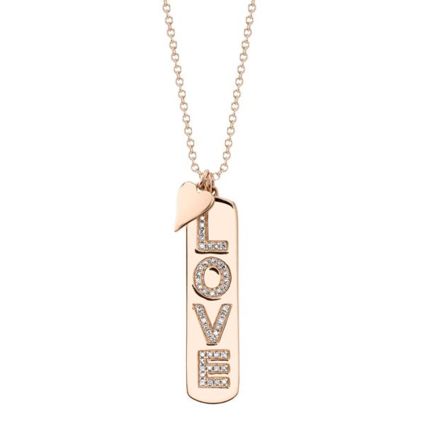 One rose gold necklace with dual pendants. The first pendant has a small plated heart shape. The second pendant is rectangular in shape and features the letters L-O-V-E, with a diamond embellishment on each letter.