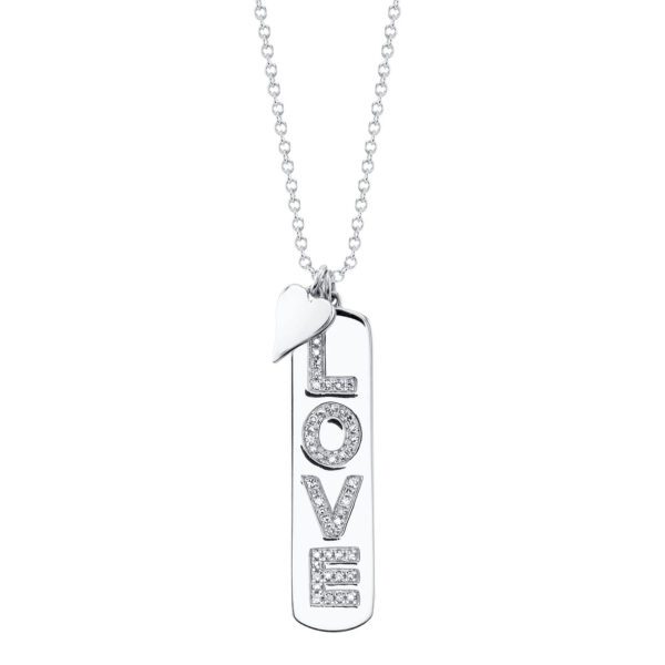 One white gold necklace with dual pendants. The first pendant has a small plated heart shape. The second pendant is rectangular in shape and features the letters L-O-V-E, with a diamond embellishment on each letter.