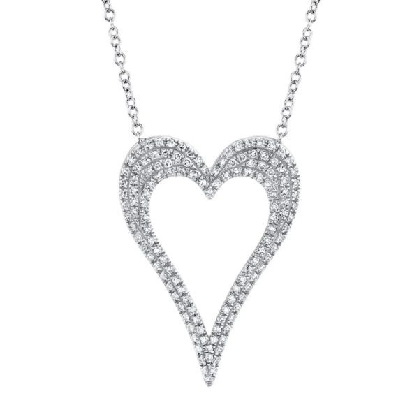 One white gold necklace with a heart-shaped pendant. The pendant features a central cut out, creating a hole in the middle of the heart. The heart-shaped pendant itself has diamonds.