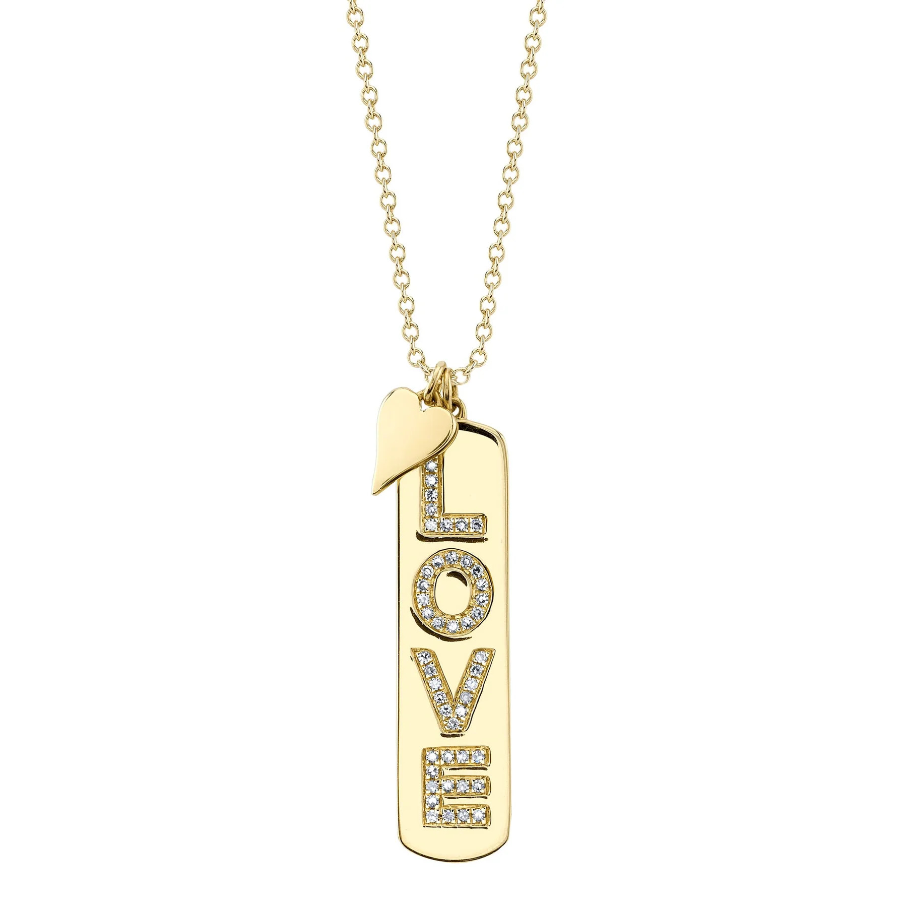 One yellow gold necklace with dual pendants. The first pendant has a small plated heart shape. The second pendant is rectangular in shape and features the letters L-O-V-E, with a diamond embellishment on each letter.