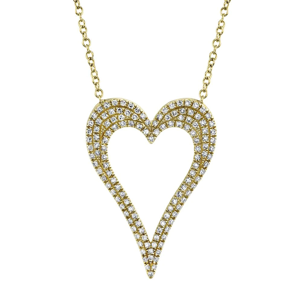 One yellow gold necklace with a heart-shaped pendant. The pendant features a central cut out, creating a hole in the middle of the heart. The heart-shaped pendant itself has diamonds.