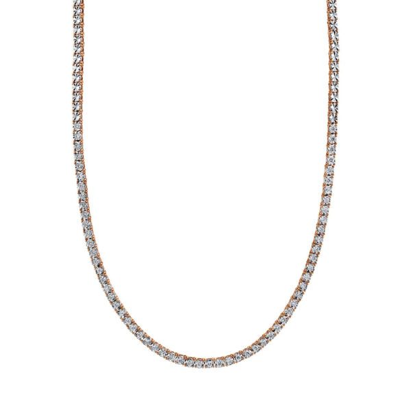 One rose gold tennis necklace facing the camera. The necklace adorned with diamonds are set in a continuous line.