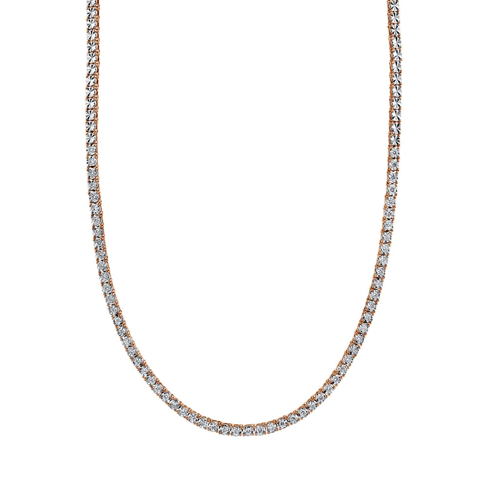 One rose gold tennis necklace facing the camera. The necklace adorned with diamonds are set in a continuous line.