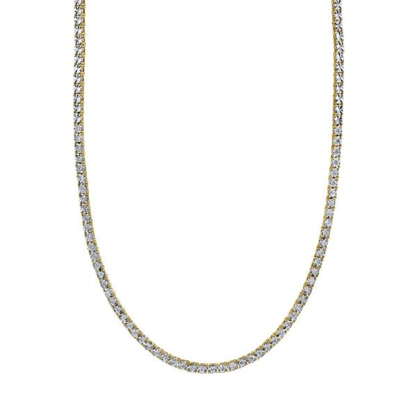 One yellow gold tennis necklace facing the camera. The necklace adorned with diamonds are set in a continuous line.