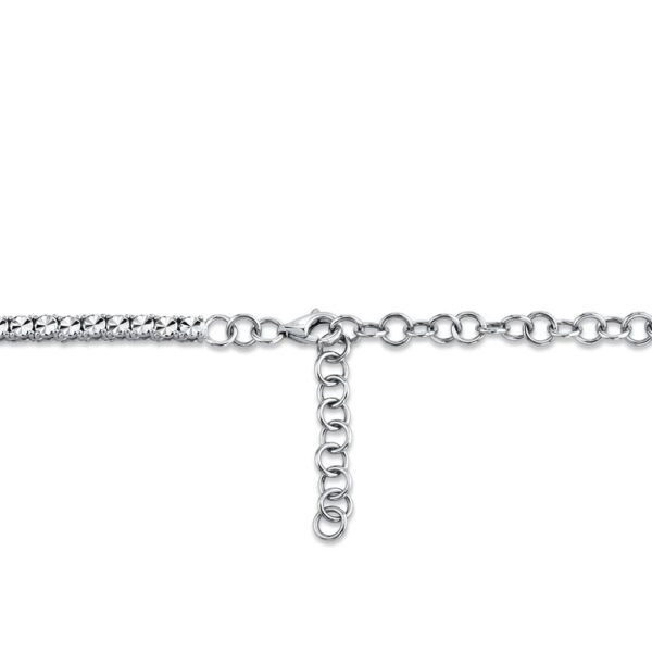 One white gold tennis necklace in close-up view from the camera showing the lock options. The necklace adorned with diamonds are set in a continuous line.