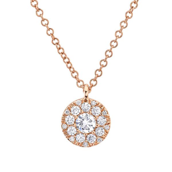 One rose gold necklace directly facing the camera. The necklace features a round pendant has center diamond surrounded by smaller side diamonds.