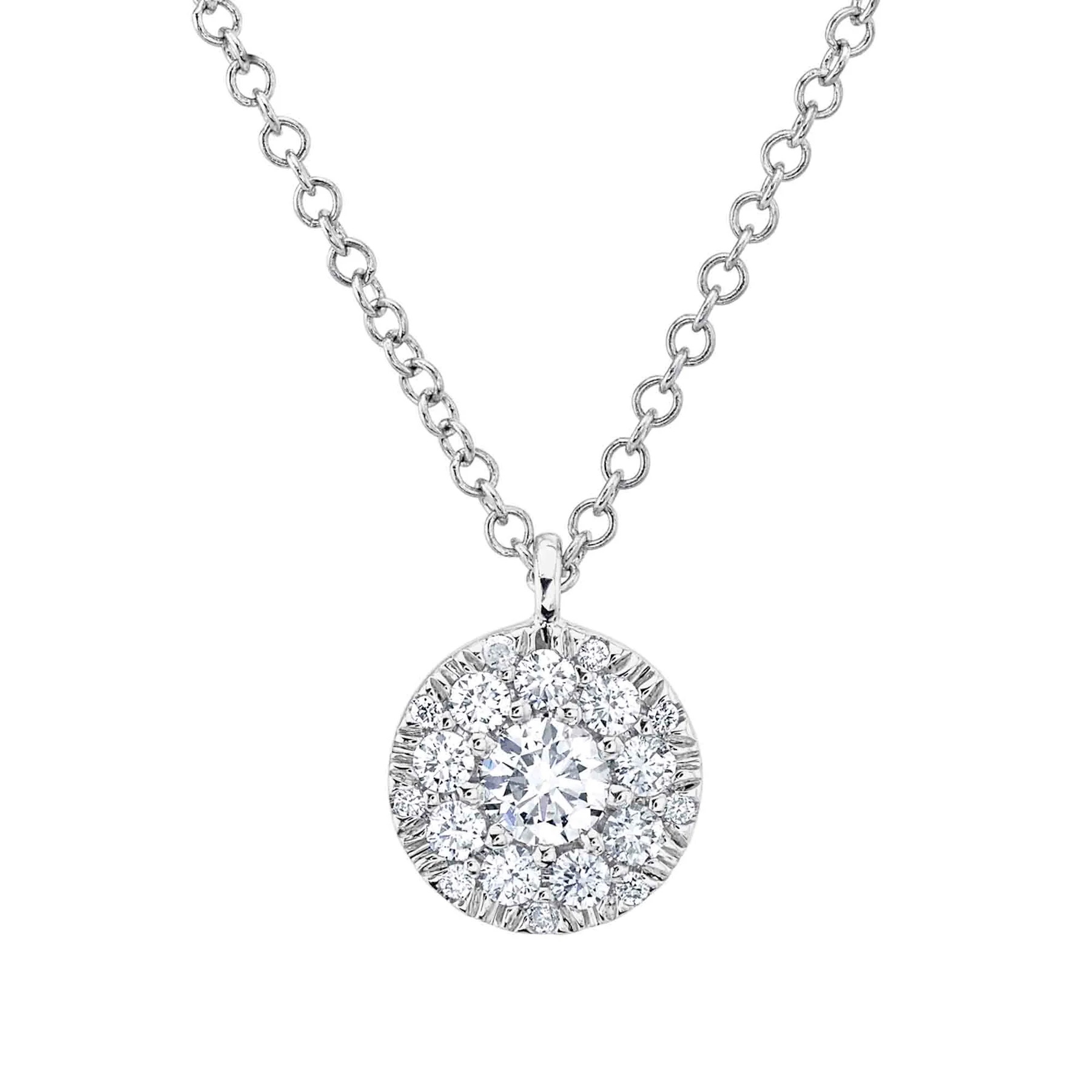 One white gold necklace directly facing the camera. The necklace features a round pendant has center diamond surrounded by smaller side diamonds.