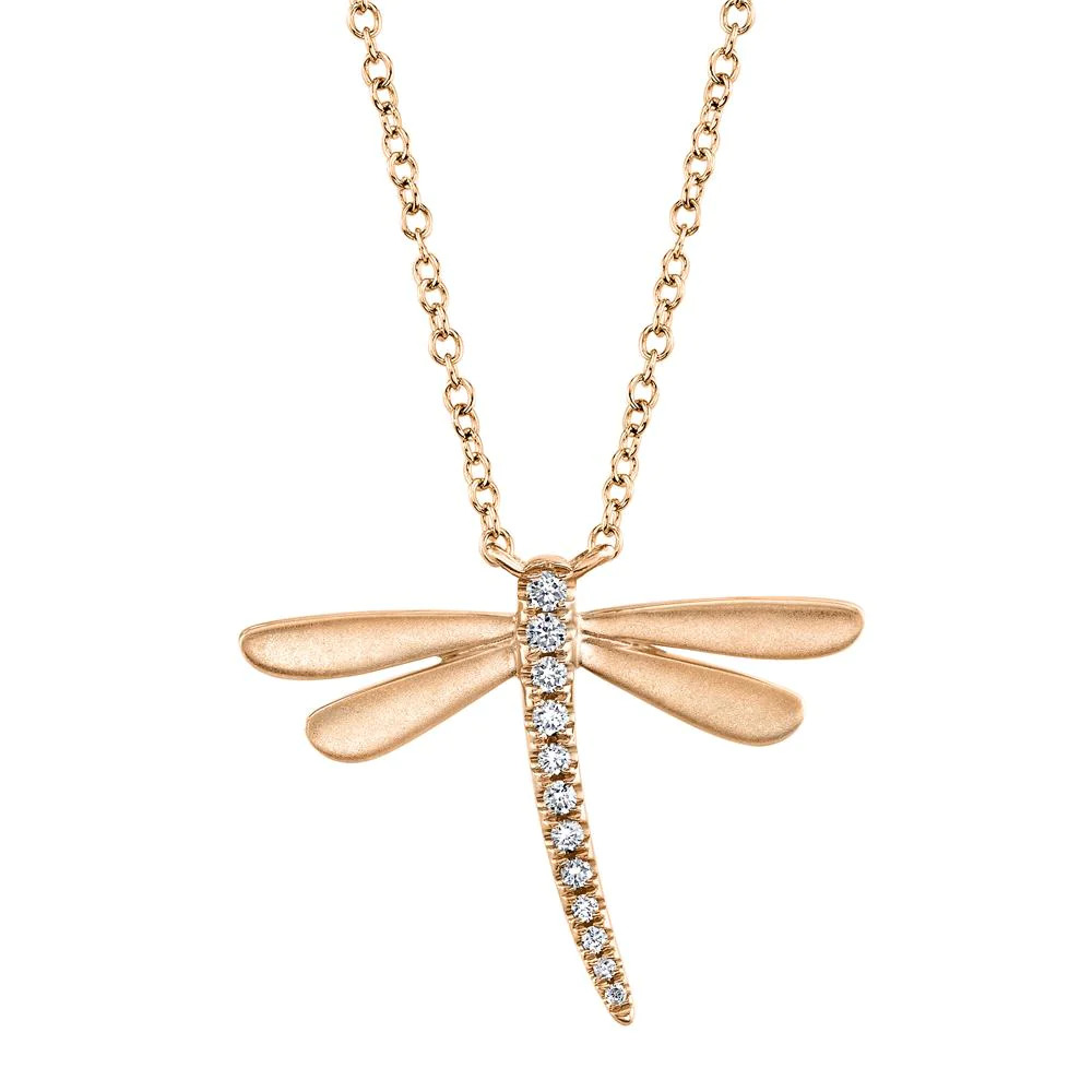 One rose gold necklace. The pendant is dragonfly-shaped and is adorned with the diamond positioned within the body of the dragonfly.