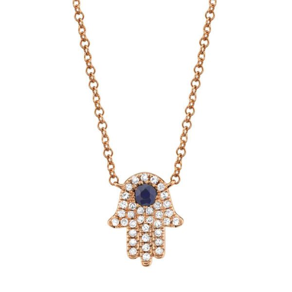 One rose gold hamsa necklace. The Hamsa pendant is likely designed hand-shaped symbol and the blue sapphire stones are incorporated into the center of the pendant, flank by small diamonds.