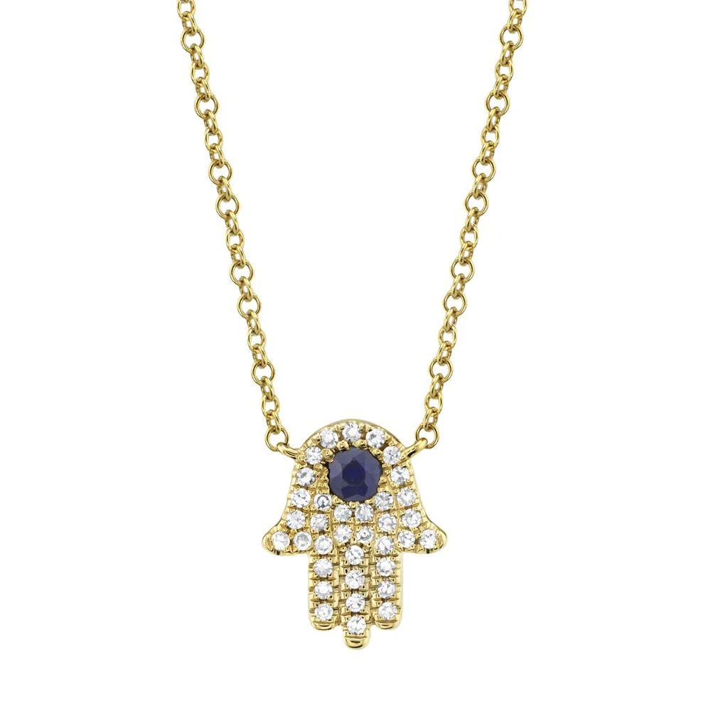 One yellow gold hamsa necklace. The Hamsa pendant is likely designed hand-shaped symbol and the blue sapphire stones are incorporated into the center of the pendant, flank by small diamonds.