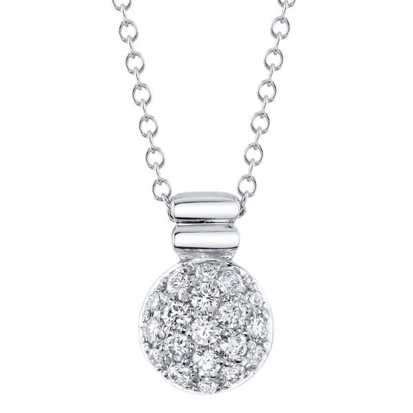 One white gold necklace with a circular pendant. The pendant is adorned with arrangement of pave-set diamond.