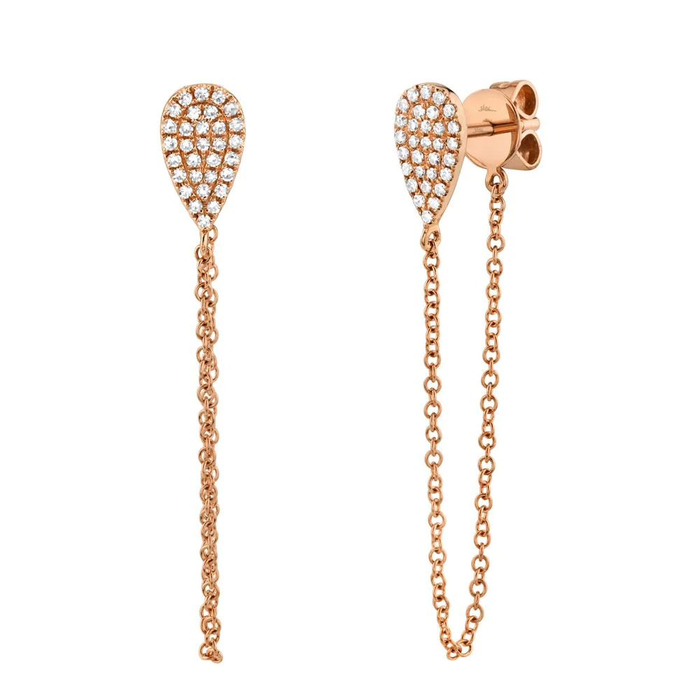 Two rose gold chain earrings. The earrings feature a drop stud design adorned with diamond stones, hanging from each drop stud is a thin chain link.