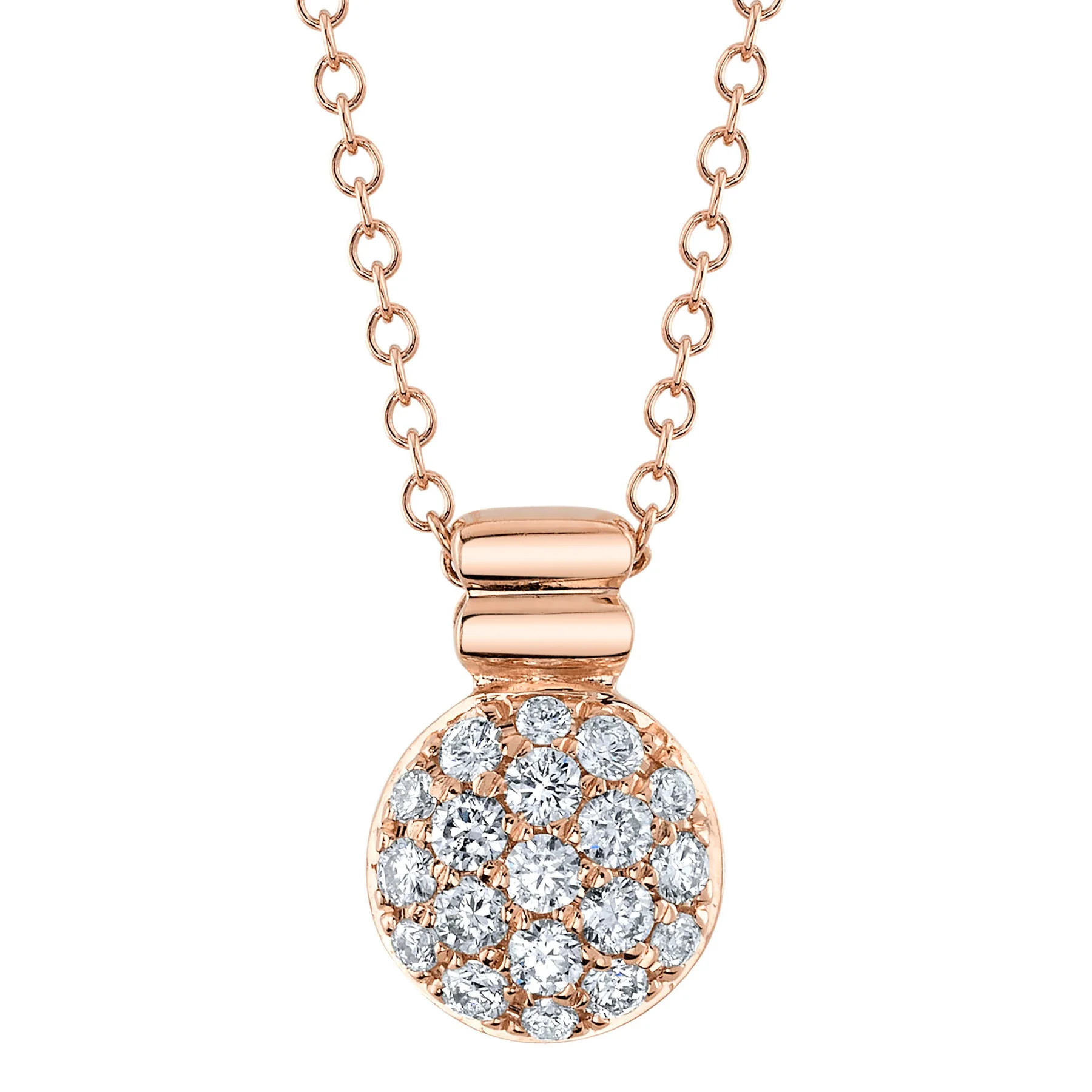 One rose gold necklace with a circular pendant. The pendant is adorned with arrangement of pave-set diamond.