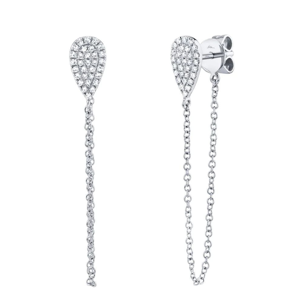 Two white gold chain earrings. The earrings feature a drop stud design adorned with diamond stones, hanging from each drop stud is a thin chain link.