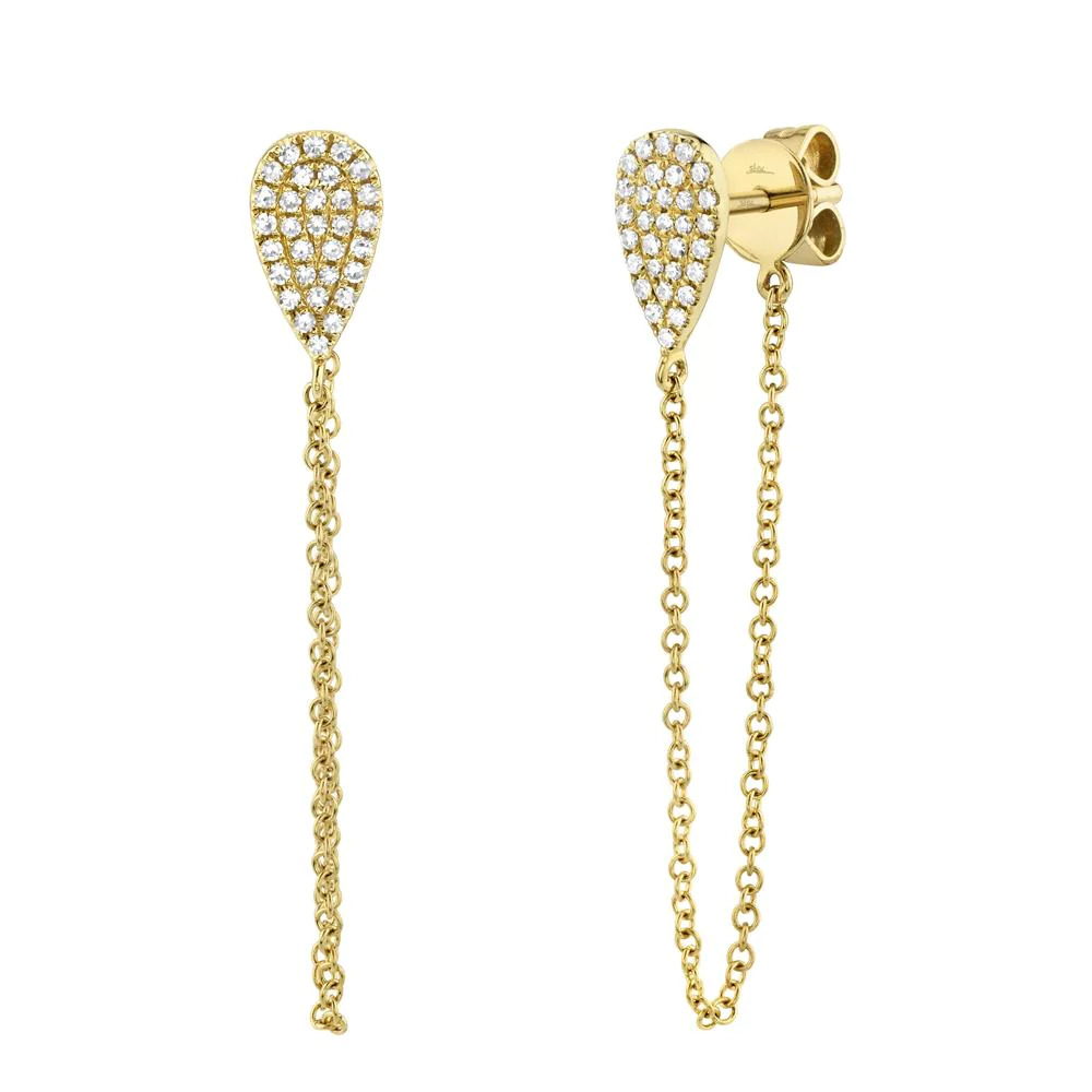 Two yellow gold chain earrings. The earrings feature a drop stud design adorned with diamond stones, hanging from each drop stud is a thin chain link.
