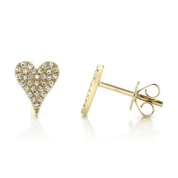 Two yellow gold stud earrings. The earring on the right faces the camera, while the earring on the left is facing on the right. The earrings feature a heart-shaped design with diamond stones.