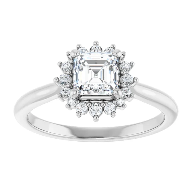 14K White Gold Asscher Cathedral Halo Diamond Engagement Ring