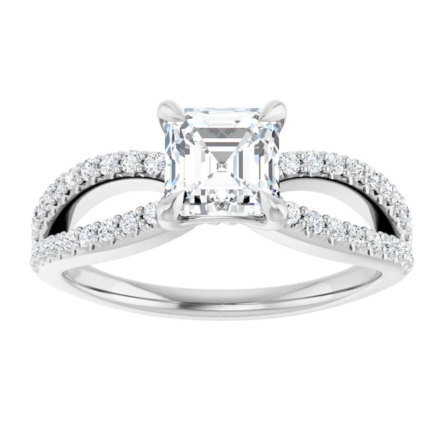 14K White Gold Asscher Diamond Split Shank Pave Engagement Ring