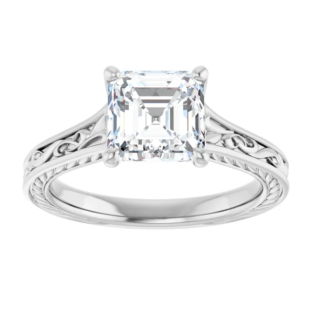 14K White Gold Asscher Solitaire Diamond Accented Band Engagement Ring
