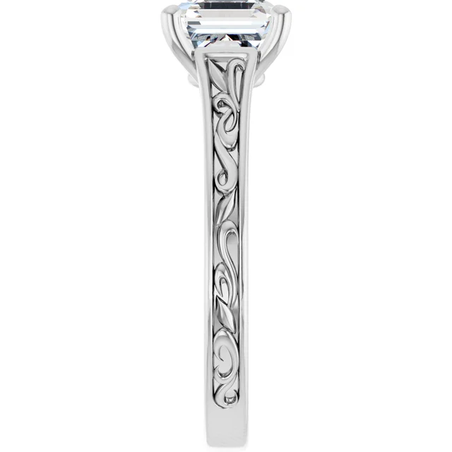 14K White Gold Asscher Solitaire Diamond Accented Band Engagement Ring