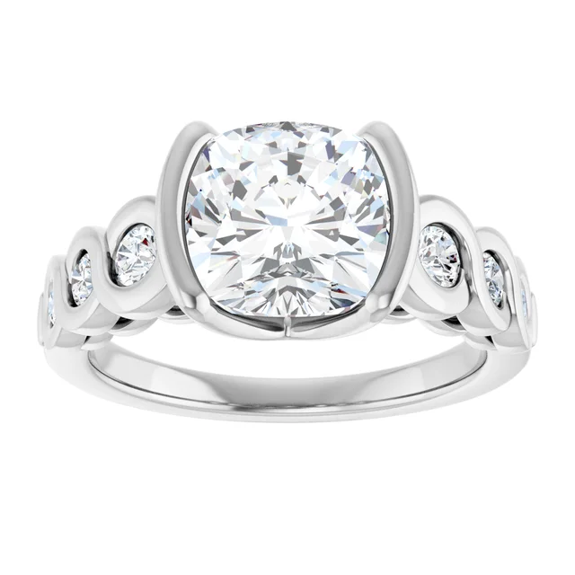 14K White Gold Cushion Cut Bezel Diamond Engagement Ring with Accents