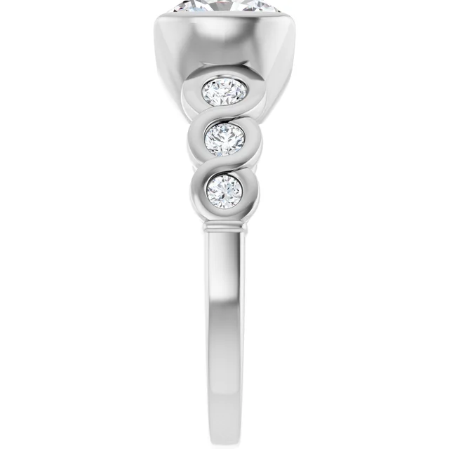 14K White Gold Cushion Cut Bezel Diamond Engagement Ring with Accents