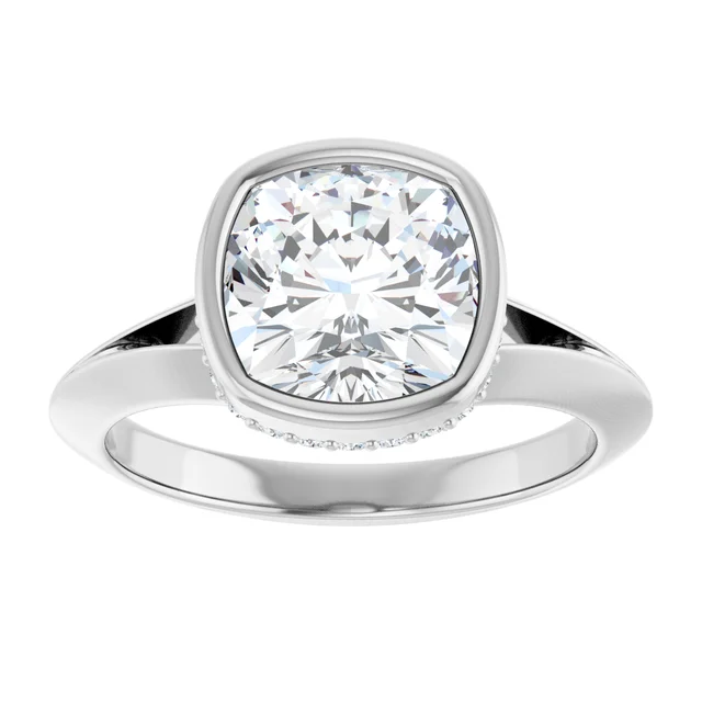 14K White Gold Cushion Cut Bezel Hidden Halo Diamond Engagement Ring
