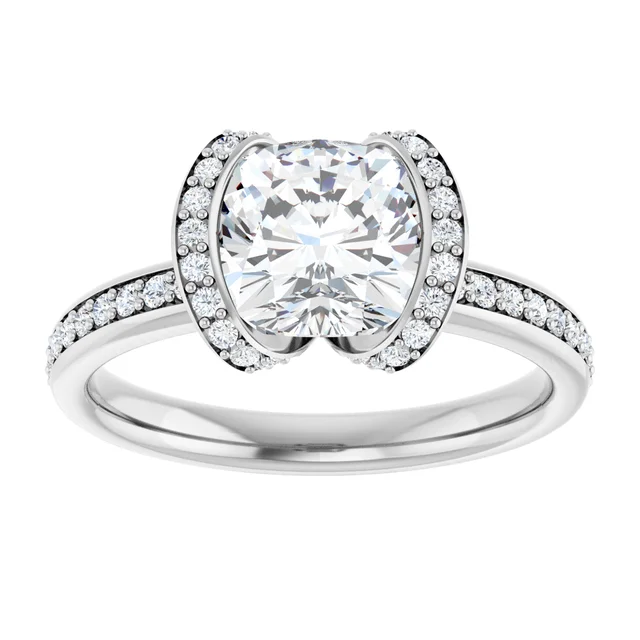 14K White Gold Cushion Cut Halo Pave Diamond Engagement Ring
