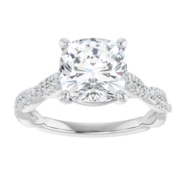 14K White Gold Cushion Cut Twisted Shank Pavé Diamond Engagement Ring