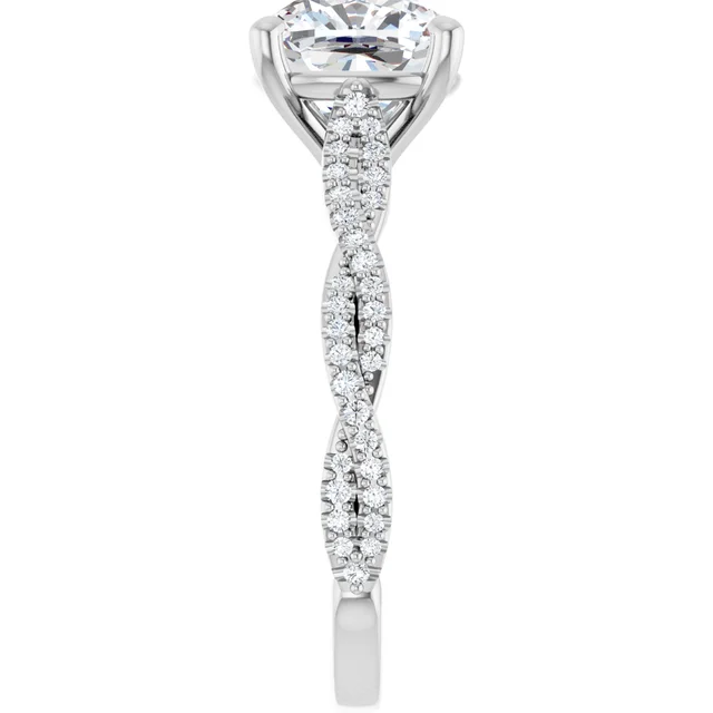 14K White Gold Cushion Cut Twisted Shank Pavé Diamond Engagement Ring