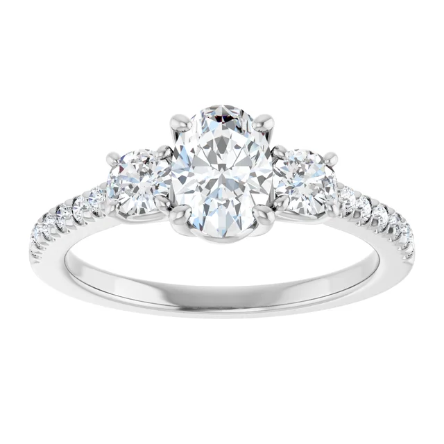 14K White Gold Oval Cut Pavé Three-Stone Diamond Engagement Ring