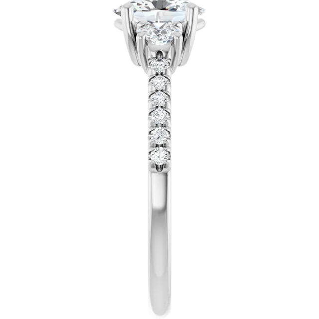 14K White Gold Oval Cut Pavé Three-Stone Diamond Engagement Ring