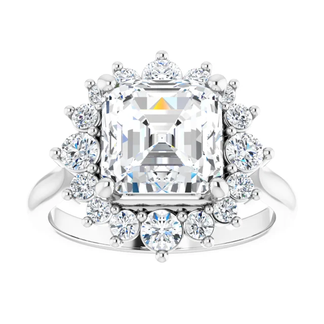 14K White Gold Asscher Cathedral Halo Diamond Engagement Ring