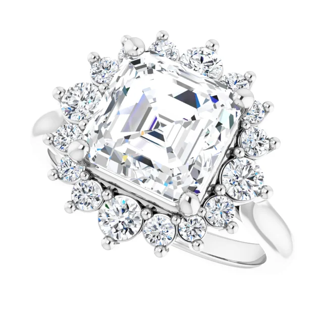 14K White Gold Asscher Cathedral Halo Diamond Engagement Ring