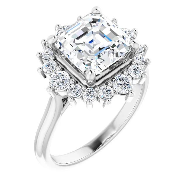 14K White Gold Asscher Cathedral Halo Diamond Engagement Ring