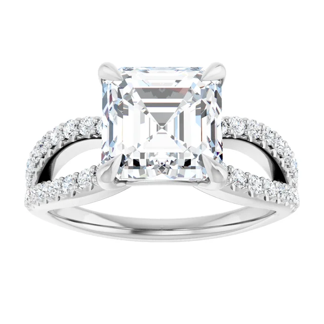 14K White Gold Asscher Diamond Split Shank Pave Engagement Ring