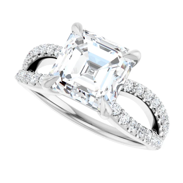 14K White Gold Asscher Diamond Split Shank Pave Engagement Ring