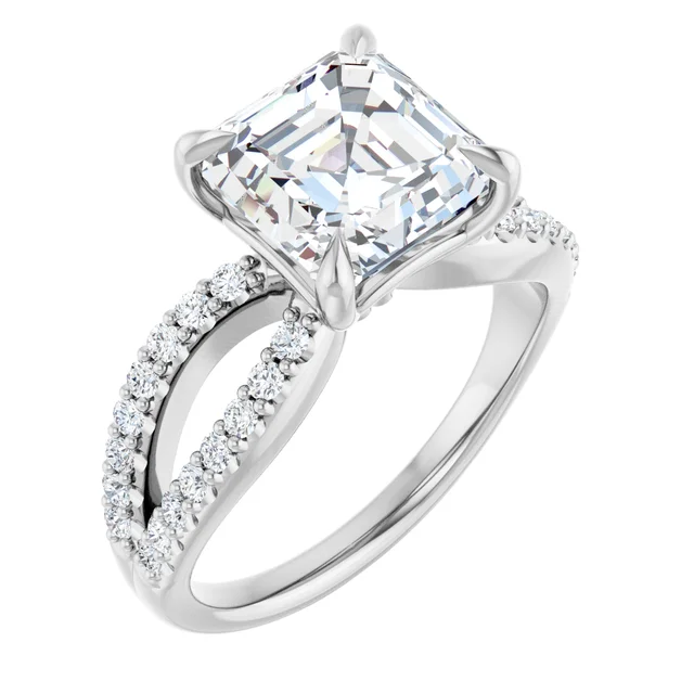 14K White Gold Asscher Diamond Split Shank Pave Engagement Ring