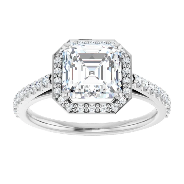 14K White Gold Asscher Halo Pave Diamond Engagement Ring