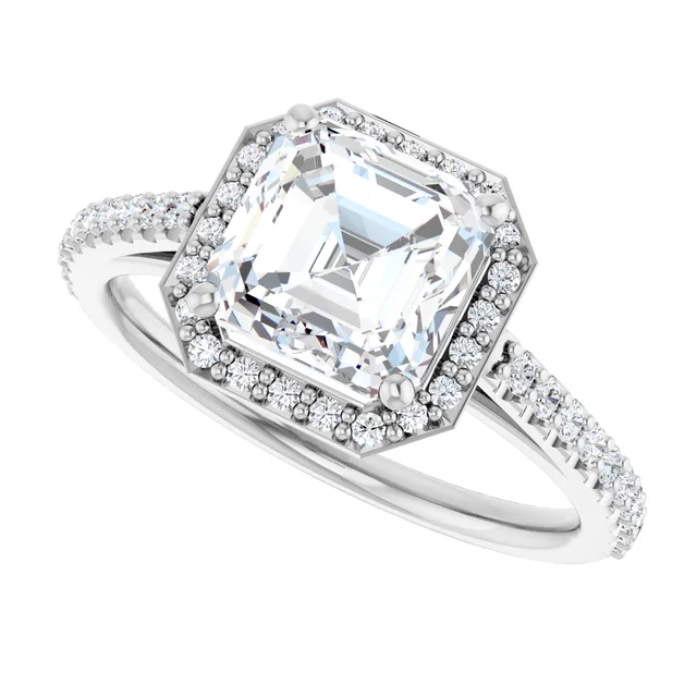 14K White Gold Asscher Halo Pave Diamond Engagement Ring